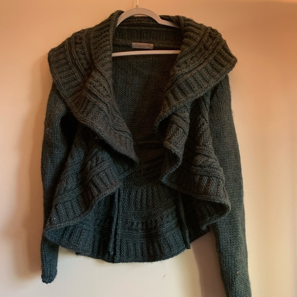 Cozy Dark Green Open-Front Ruffled Knit Sweater